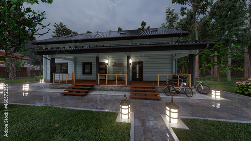 Lovely laminated veneer lumber house in the suburbs, 3D illustration., 3D rendering