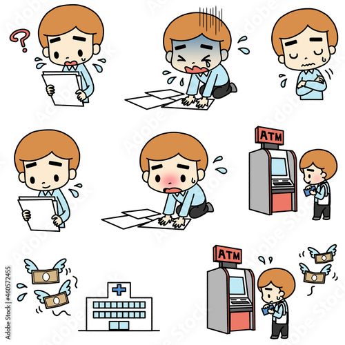 Illustrations of various worries (medical expenses, paperwork). male.
