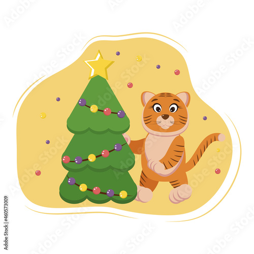 cute tiger is decorating the Christmas tree  getting ready to celebrate the new year 2022