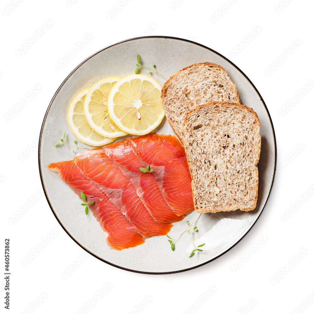 Salted salmon slices for healthy breakfast sandwiches. Organic fish. Isolated on white background.	top view