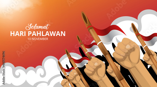 Hari pahlawan or Indonesia heroes day background with fist and sharpen bamboo illustration