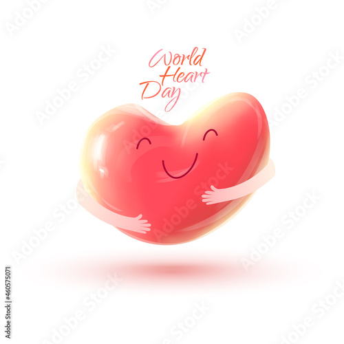 Glossy realistic 3d heart shape isolated on white background with hand embrace. Vector illustration for World Heart Day