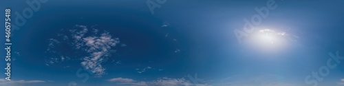 Blue sky panorama with Cirrus clouds. Seamless hdr 360 degree pano in spherical equirectangular format. Complete zenith for 3D visualization, game and sky replacement for aerial drone 360 panoramas.