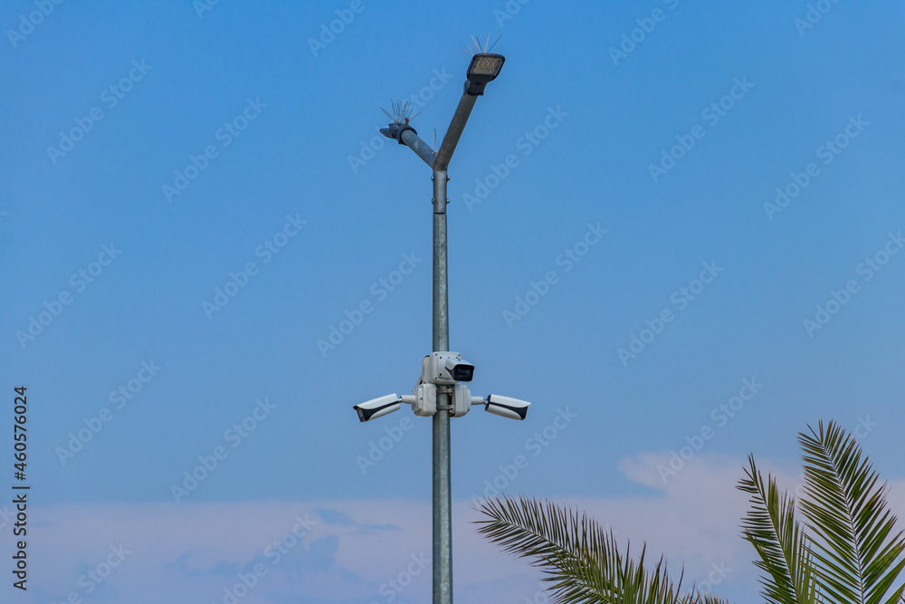 Security surveillance cameras or CCTV system on a metal post