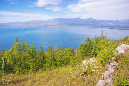 Montenegro. National Park Lake Skadar. View of coast of lake Skadar. Beautiful spring landscape on sunny day