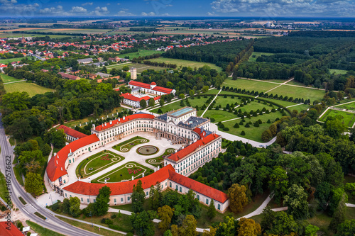 Fertod, Hungary - Aerial panoramic view of the beautiful Esterhazy Castle (Esterhazy-kastely) and garden in Fertod, near Sopron on a sunny summer day with blue sky and clouds photo