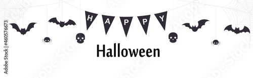 Happy Halloween. Festive banner, invitation with bats, skulls, cobwebs and spiders on white background.
