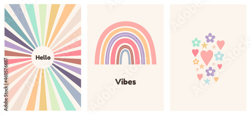 Abstract childrens art poster with rainbow. Minimalist posters, cover design with sun, hearts, stars, flowers.