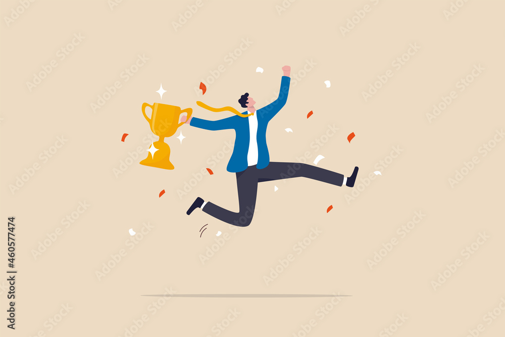 Celebrate work achievement, success or victory, winning prize or trophy, challenge or succeed in business competition concept, happy businessman holding winning trophy jumping high for celebration. - obrazy, fototapety, plakaty 
