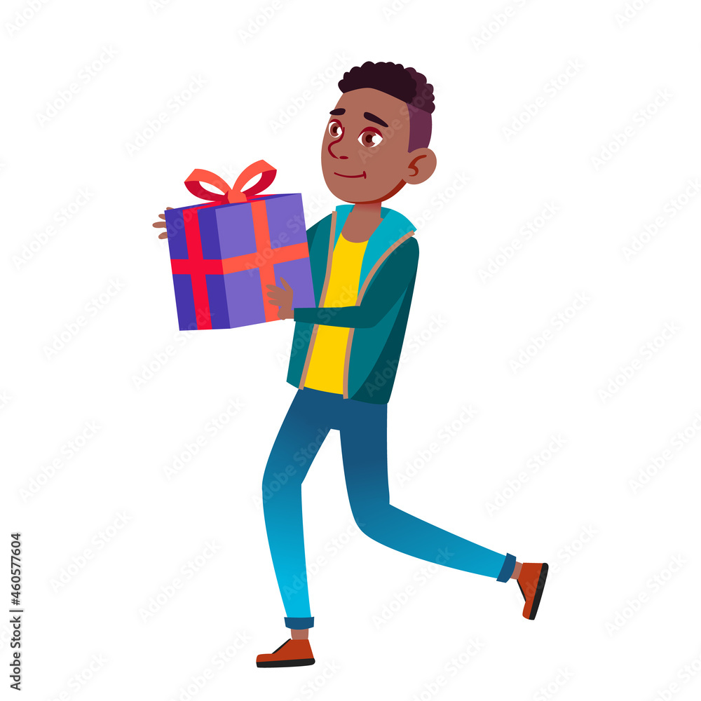 Teenager Boy Running With Present At Birth Vector. African Teen Running With Gift Present At Anniversary Party Event. Character Hurry At Friend Birthday Celebration Flat Cartoon Illustration Teenager Boy Running With Present At Birth Vector. African Teen Running With Gift Present At Anniversary Party Event. Character Hurry At Friend Birthday Celebration Flat Cartoon Illustration