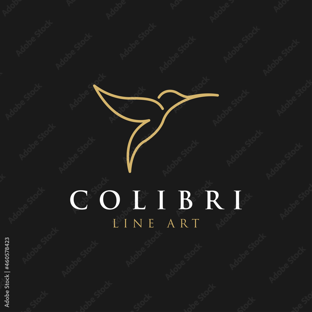 Fototapeta premium Hummingbird Line art, geometric colibri logo icon vector template on black background