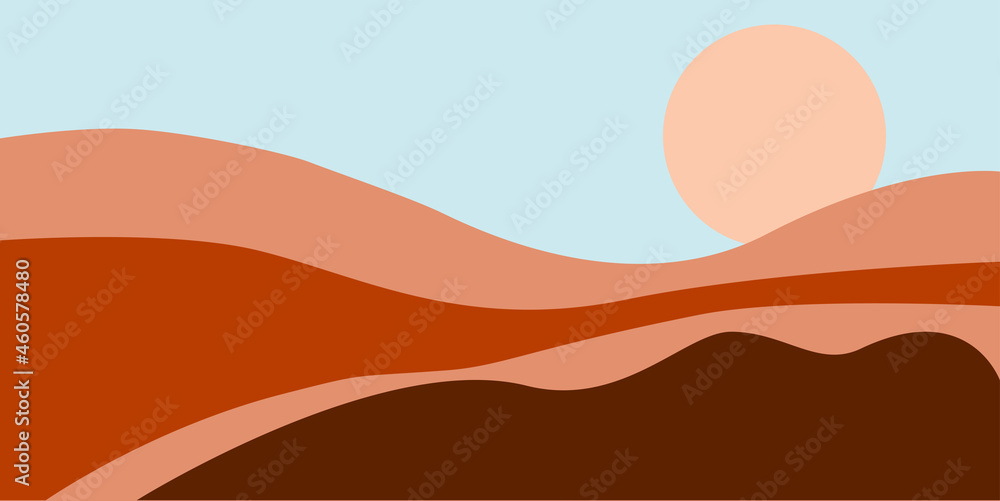 illustration sunset in a desert. Abstract Landscape depicting mountains, hills, sun and sky. Abstract colored backdrop with hand-drawn elements. Creative  illustration - poster