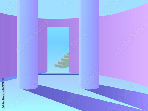 interior with the image of arches, columns, steps in soft pink-blue shades for decorating room backgrounds, greeting cards, banners and other illustrations