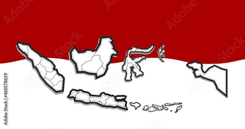 animation of the islands of Indonesia, with a red and white flag background, commemorating the independence day of the republic of Indonesia.