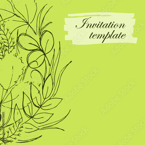 Botanic card template, sketch invitation design with herbs and leaves. Hand drawn floral background. Template. Green wreath, space for text, green background.
