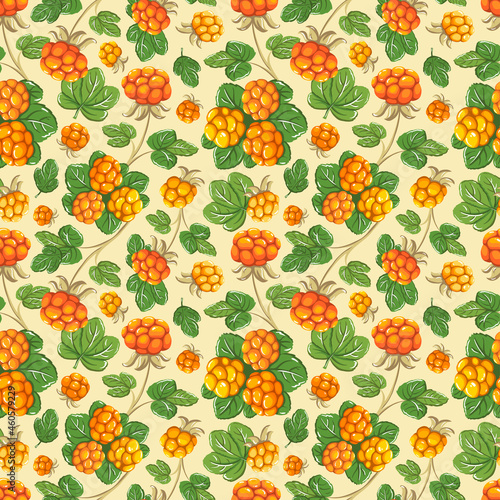 Cloudberry seamless pattern. Northern berries on a beige background. Wild orange berry and green leaves.