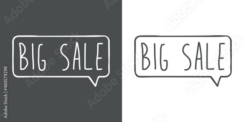 Banner con texto manuscrito Big Sale con silueta de burbuja de habla con lineas en fondo gris y fondo banco