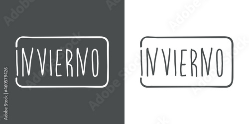 Banner con texto manuscrito Invierno en español en cuadrado con lineas en fondo gris y fondo banco