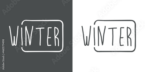 Banner con texto manuscrito Winter en cuadrado con lineas en fondo gris y fondo banco