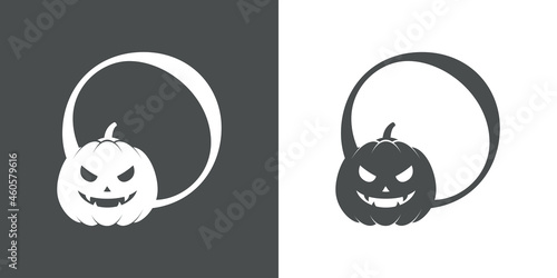 Logotipo letra inicial O con calabaza de Halloween en fondo gris y fondo blanco
