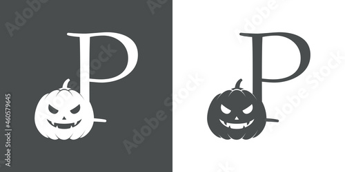 Logotipo letra inicial P con calabaza de Halloween en fondo gris y fondo blanco