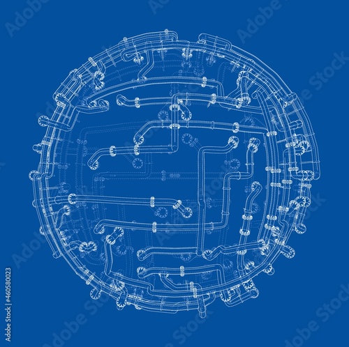 Pipes with flanges around a large sphere. Vector