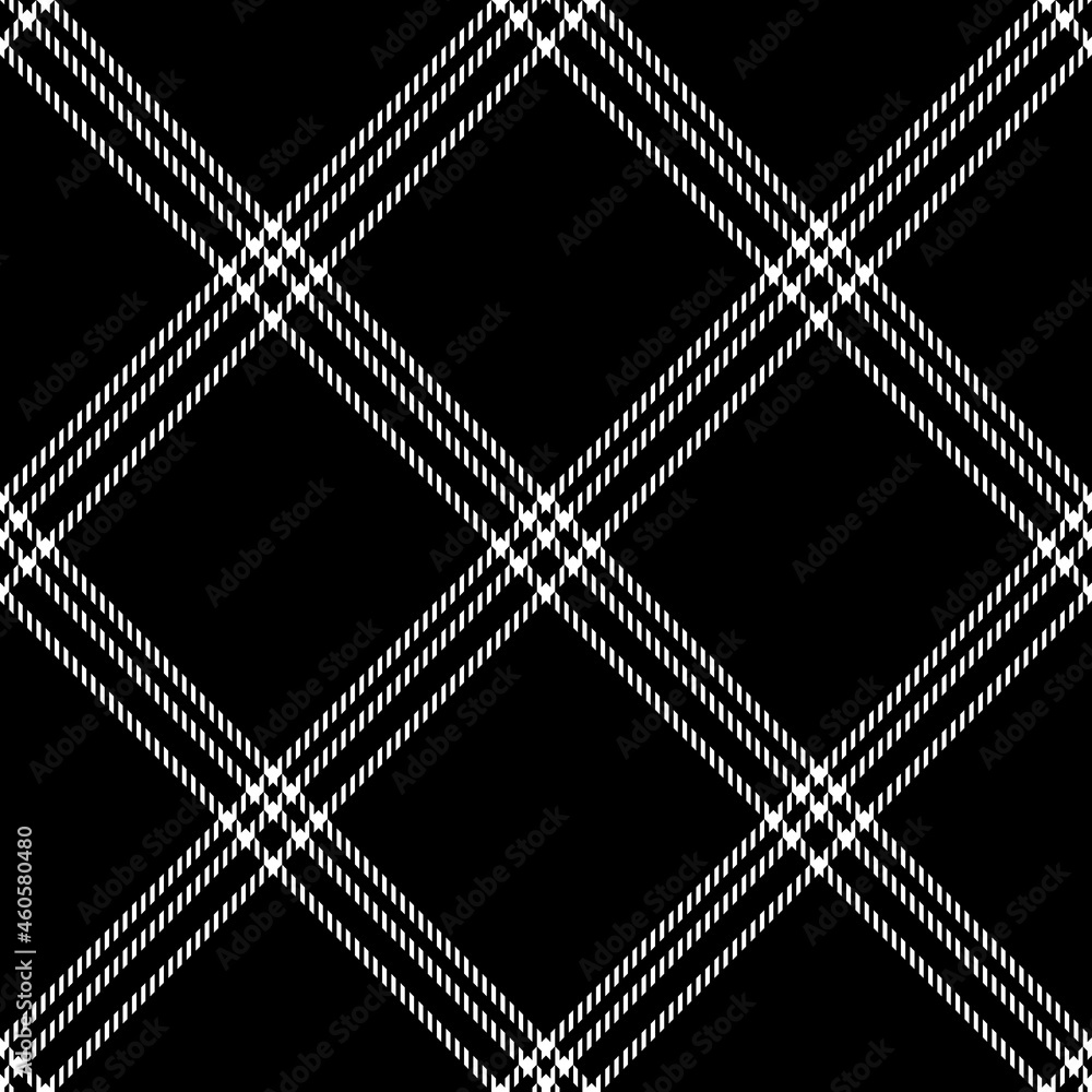 Plaid pattern asymmetric thin in black and white. Simple dark monochrome tartan check vector graphic for scarf, skirt, jacket, throw, other modern spring summer autumn winter fashion fabric design.