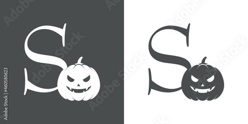 Logotipo letra inicial S con calabaza de Halloween en fondo gris y fondo blanco