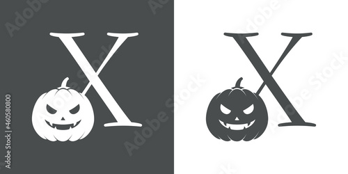 Logotipo letra inicial X con calabaza de Halloween en fondo gris y fondo blanco