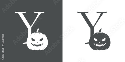 Logotipo letra inicial Y con calabaza de Halloween en fondo gris y fondo blanco