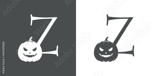 Logotipo letra inicial Z con calabaza de Halloween en fondo gris y fondo blanco