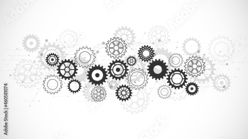 Cogs and gear wheel mechanisms. Concepts and ideas for hi-tech digital technology and engineering design. Abstract technical background of mechanical engineering
