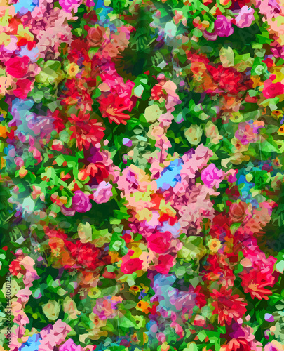 Vintage cottage garden floral seamless print, bright summer, spring floral, red, green, blue , pink,  © Inzion Designs