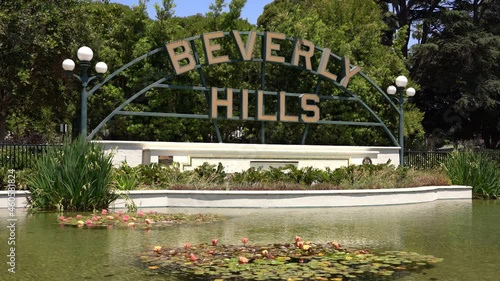 Beverly Hills Sign and Lotus Pond Los Angeles California USA photo