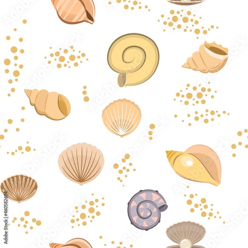 Shells on sand. Bottom of reservoir or beach. Sea ocean. Seamless. Illustration in cartoon style. Flat design. Vector art