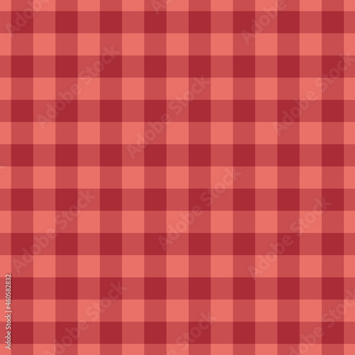 Vichy check pattern in reddish coral pink for spring autumn. Seamless geometric bright check graphic background vector texture for dress, skirt, picnic blanket, other modern fashion fabric design.