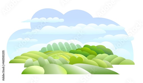 Rural hills. Farm cute landscape. Funny cartoon design illustration. Flat style. Isolated on white background. Summer sky with clouds. Vector.