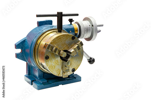 horizontal vertical rotary table for milling or cnc machining center machine with 3 jaw chuck for manufacturing in industrial isolated with clipping path