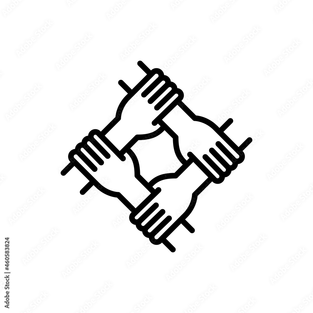 Teamwork, unity, trust and corporate partnership. Thin line icon. Four hands holding each other by wrist. Modern vector illustration. Teamwork, unity, trust and corporate partnership. Thin line icon. Four hands holding each other by wrist. Modern vector illustration.
