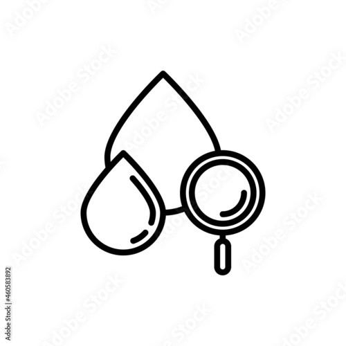 Cholesterol level thin line icon, blood drop with magnifying glass. Modern vector illustration of blood test.