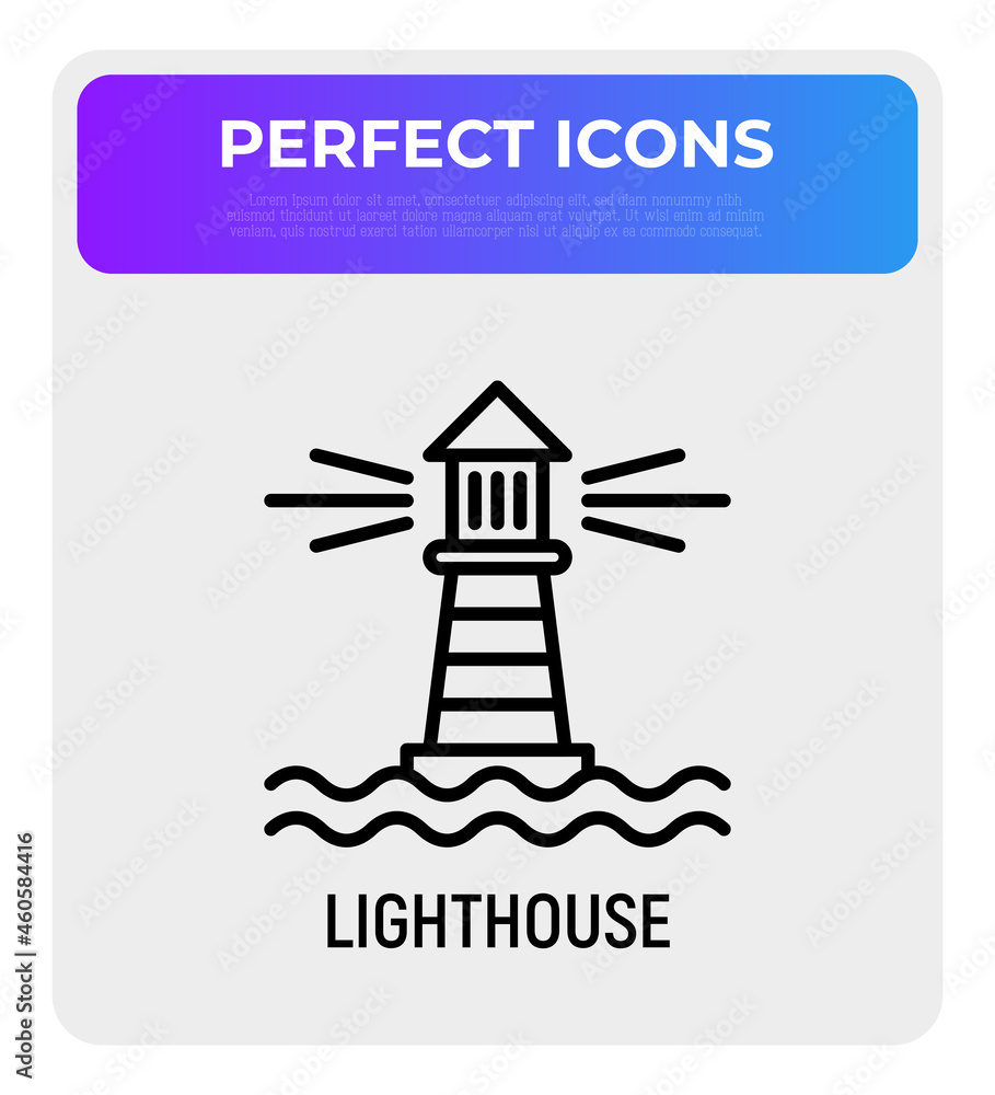 Lighthouse in the sea thin line icon. Modern vector illustration.