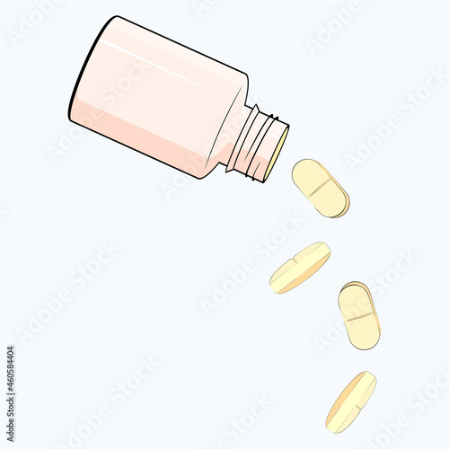 A bottle of pills. Poured medicines, falling capsules.