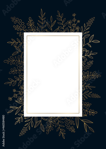 花のデザインフレーム　線画のイラスト　ネイビーの背景にゴールド