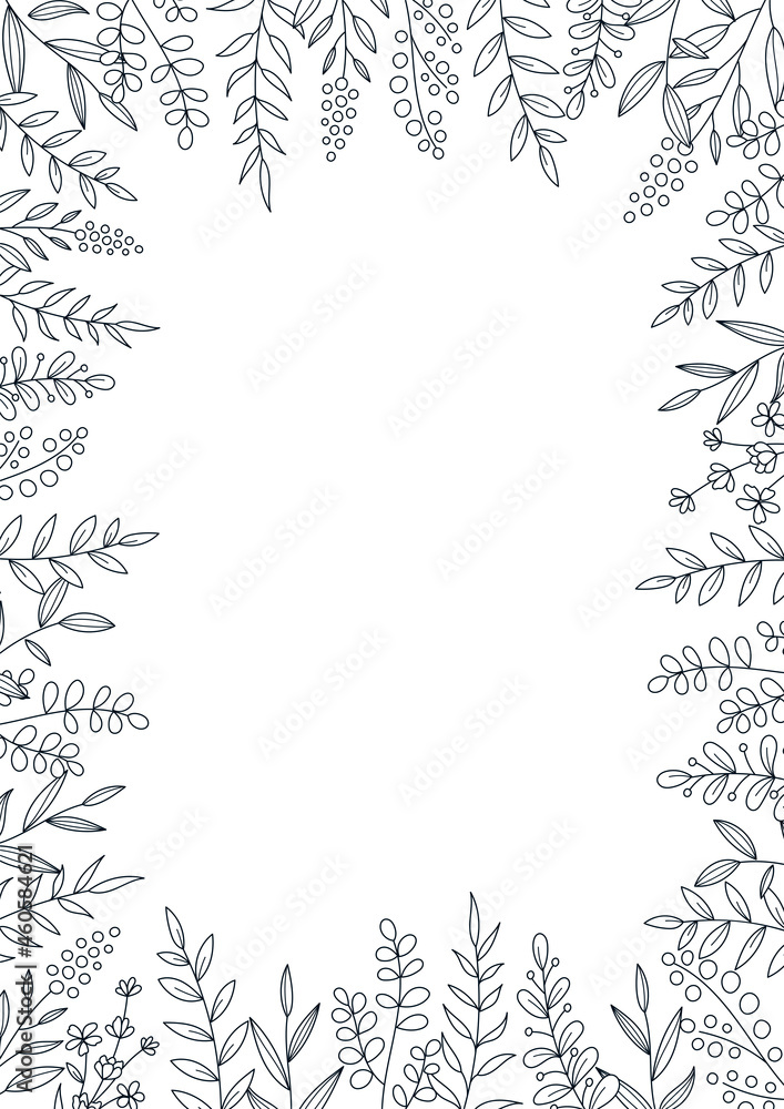 花のデザインフレーム 線画のイラスト 白の背景にネイビー Vector De Stock Adobe Stock