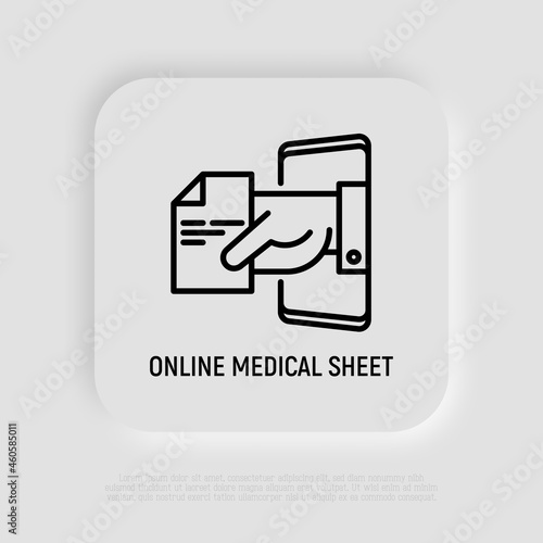 Online medical sheet, prescription thin line icon: hand with recipe from smartphone. Modern vector illustration.