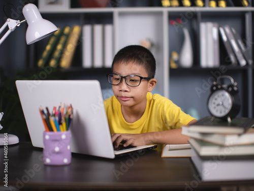 Portrait of asian boy using laptop while studying at home, remote education concept