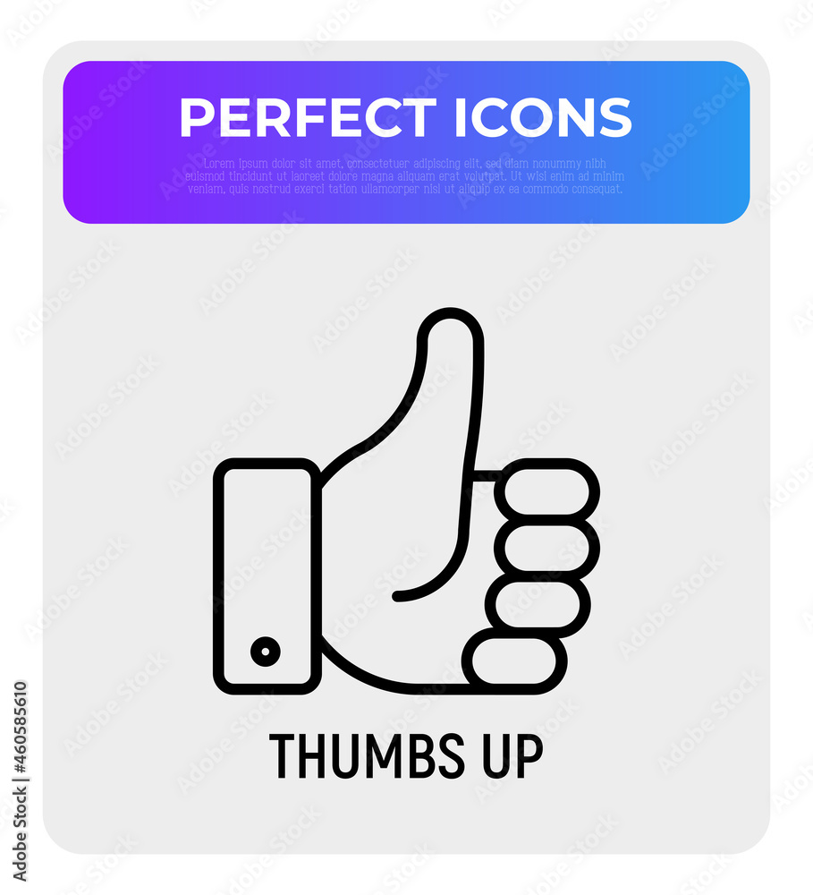 Thumbs up thin line icon. Hand gesture of success, confirmation, approve. Good choice. Modern vector illustration. Thumbs up thin line icon. Hand gesture of success, confirmation, approve. Good choice. Modern vector illustration.