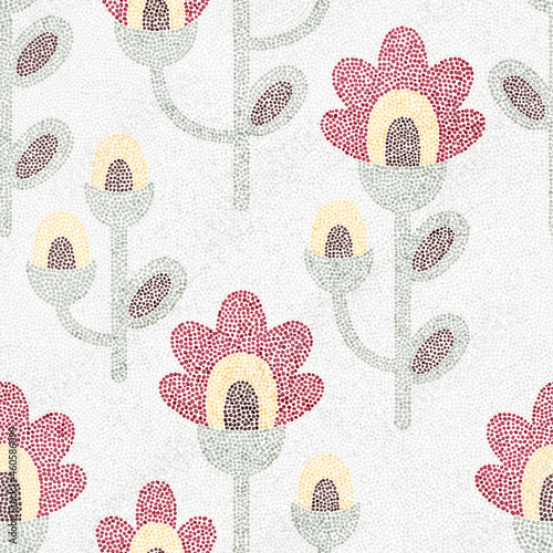 Seamless pattern in the style of pointillism. Bohemian print polka dot for textiles, home decor. Scandinavian motifs. Cute flowers in vintage style. Vector illustration.