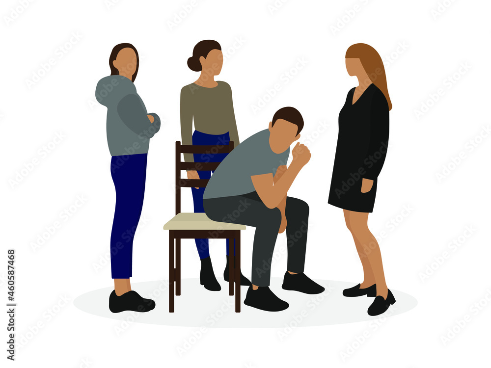 Obraz premium A male character is sitting on a chair and three female characters are standing next to him on a white background