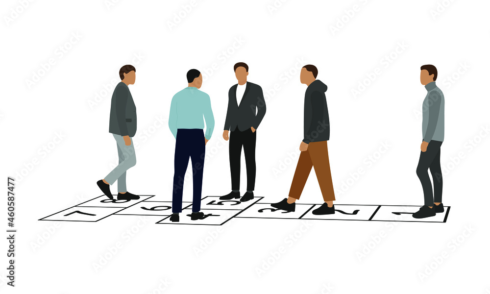 Five male characters on the playing field with numbers on a white background Five male characters on the playing field with numbers on a white background